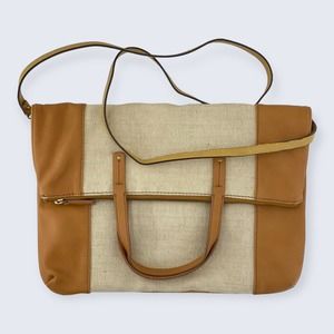 Fossil Kira Cream Woven Brown Faux Vegan Foldover Zip Large Crossbody Bag